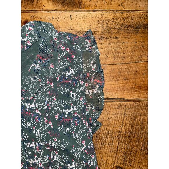 Womens Lucky Brand Olive‎ Green Floral Sheer Cap Sleeve Blouse Size L - Picture 4 of 8